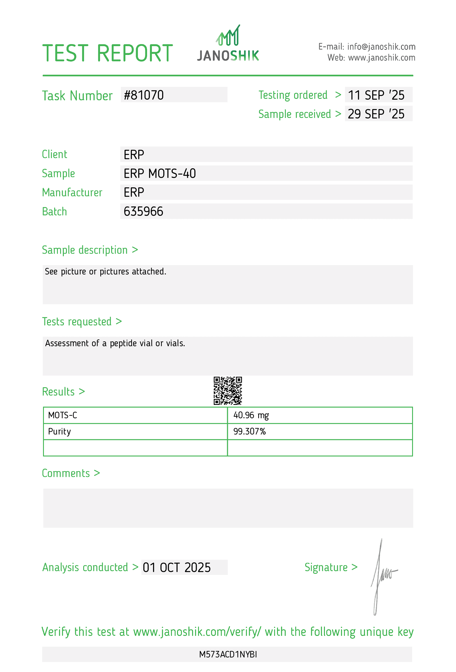 MOTS-C 40mg Certificate of Analysis - Janoshik