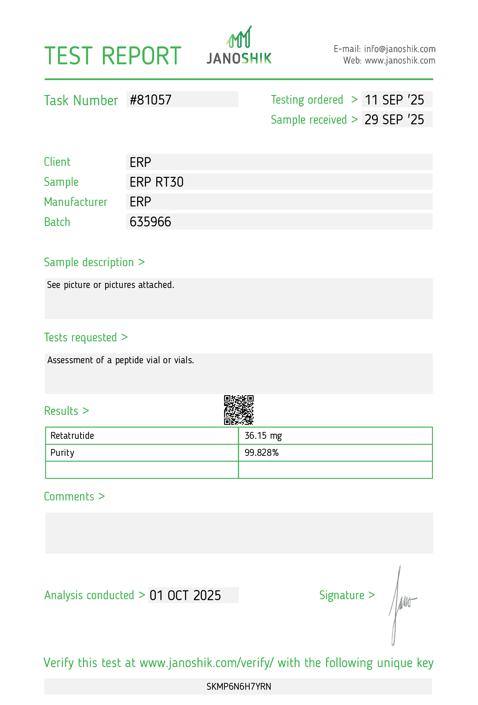 Retatrutide 30mg Certificate of Analysis - Janoshik